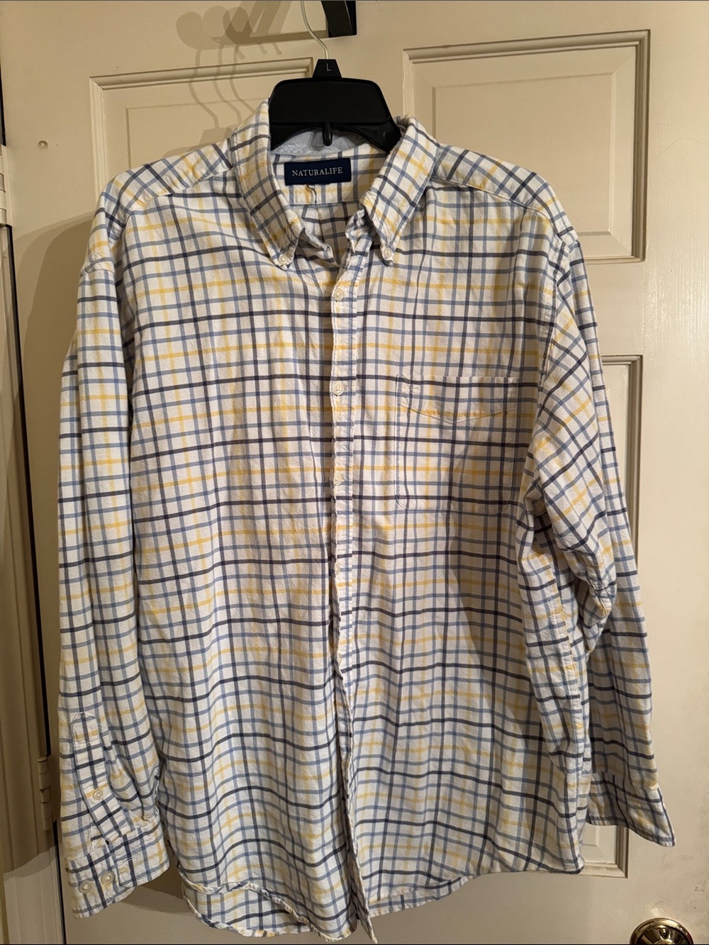 NATURAL LIFE White Plaid Button-Down Shirt with Blue & Yellow Strips